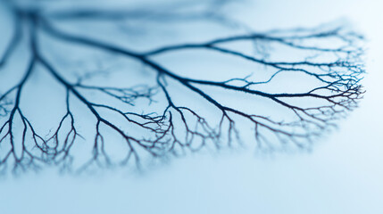 lungs. Close-up of delicate leaf veins resembling a natural network on a soft blue background. gardening catalogs, home-decor guides, designed for home decor and floral branding.