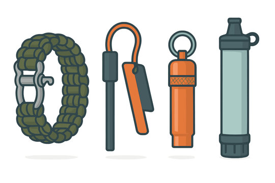 Essential survival gear set including paracord bracelet, fire starter, waterproof container, and water filter