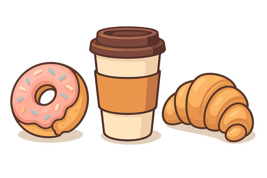 Sweet donut, disposable coffee cup, and fresh baked croissant breakfast set