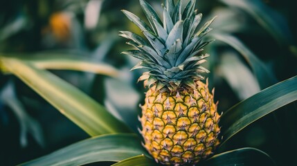A vibrant pineapple sits amidst lush green leaves, captured in a dark, moody setting.