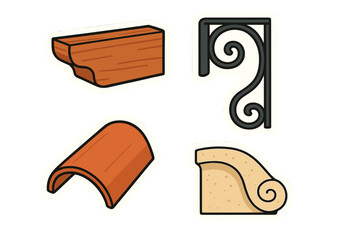 Naklejka premium Set of architectural details: wooden molding, wrought iron bracket, roof tile, and stone carving