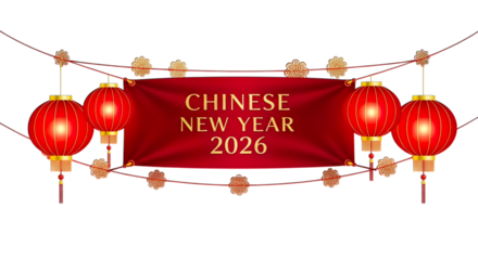 Chinese new year 2026 banner with red lanterns isolated on transparent background
