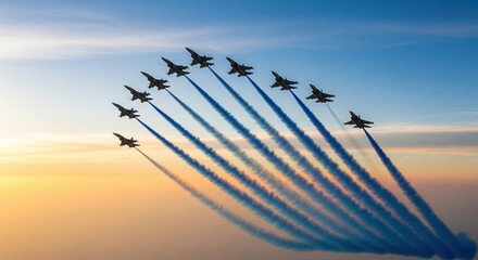Formation of fighter jets flying in formation with blue smoke trails airplane aircraft