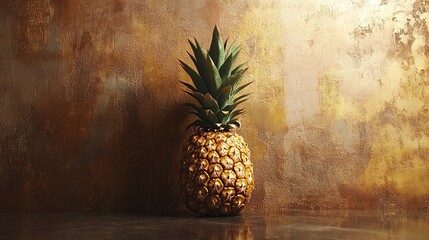 A golden pineapple sits prominently against a textured, dark brown wall, creating a dramatic and sophisticated still life.
