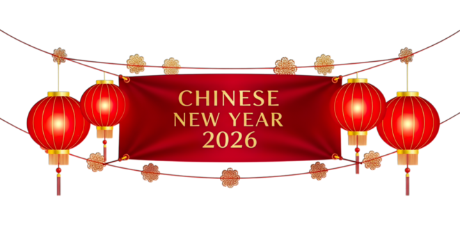Chinese new year 2026 banner with red lanterns isolated on transparent background - Powered by Adobe
