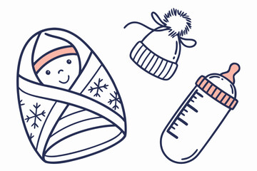 Baby Winter Essentials Swaddled Baby Hat and Bottle
