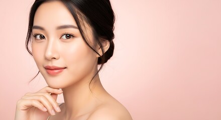 Lovely Asian Woman Posing with Hand Under Chin on Pink Background