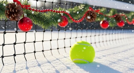 christmas tree with balls, Tennis ball rests on snowy court near festive net with green garland and red ornaments. Winter scene on boxing day with bright yellow ball, holiday cheer.