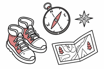 Red hiking boots compass map and starburst Keywords: hiking, boots, shoes, footwear, compass