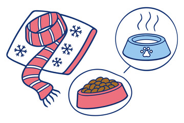 Winter Pet Care Icons Scarf and Food and Water Bowls