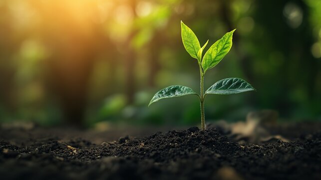 A small plant sprouts from the dark soil, illuminated by a warm, golden light, symbolizing growth and new beginnings in a lush forest setting.