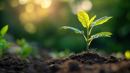 A small plant sprouts from the soil, illuminated by a warm, golden sunrise, symbolizing growth and new beginnings in a lush green environment.