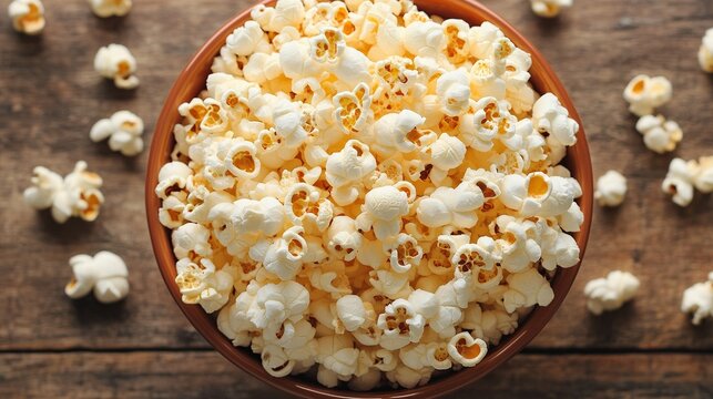 A bowl of fluffy, freshly popped popcorn sits on a rustic wooden surface, creating a cozy and inviting scene. - Powered by Adobe