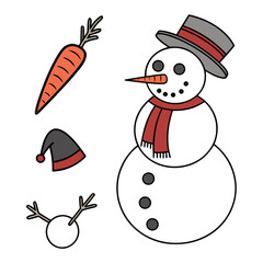 Snowman with hat and antlers on white background cartoon