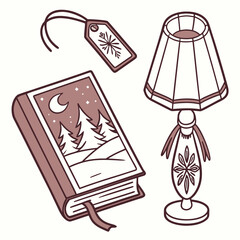 Vintage book, lamp, and gift tag on white background