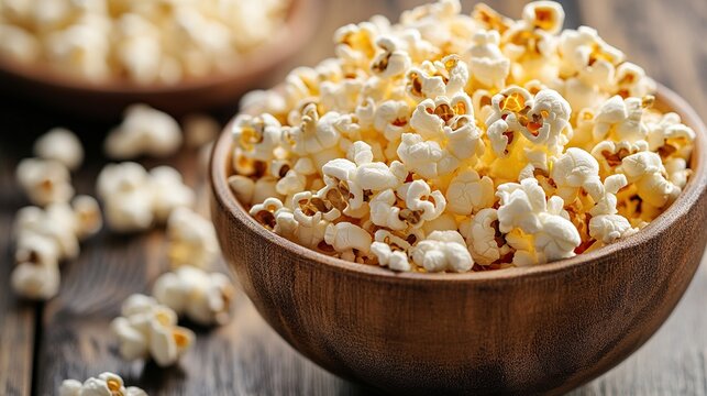 A wooden bowl filled with fluffy popcorn sits on a dark wooden table, with a smaller bowl of popcorn spilling onto the surface.