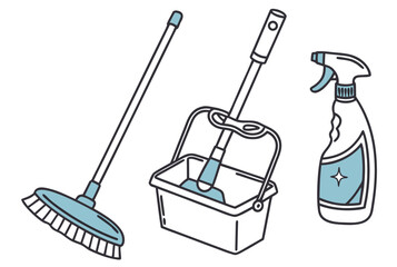 Cleaning supplies broom mop bucket spray bottle vector