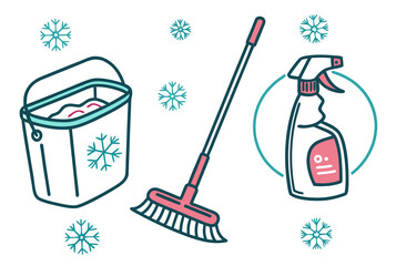 Winter cleaning supplies pink broom bucket spray vector