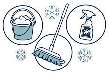 Winter cleaning icons snowflake bucket broom spray