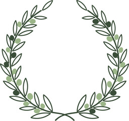 Olive branch wreath with green leaves and olives, simple design.
