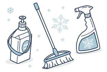 Winter cleaning icons snowflake bottle broom vector