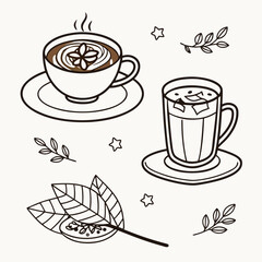 Doodle Style Coffee Drinks and Botanical Elements iced drink