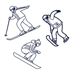 Skiers and snowboarders in dynamic poses line art skiing