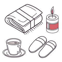 Cozy home items line art with red accents comfort relaxation