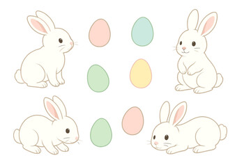 Obraz premium Adorable white Easter bunnies and colorful pastel eggs collection on white background