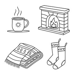 Winter Comfort Icons Fireplace Hot Beverage Folded Blanket and Socks