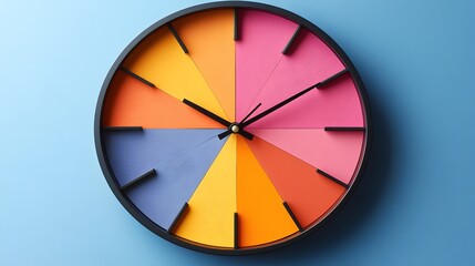 Obraz premium Colorful wall clock showing vibrant segments and clear black hands on a blue background