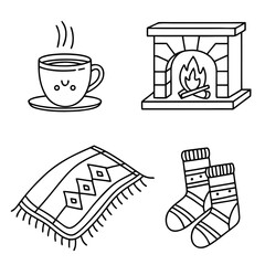 Cozy Winter Icons With Fireplace Hot Drink Blanket and Socks