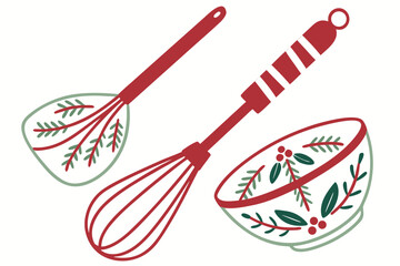 Christmas Baking Utensils and Bowl With Holly Design