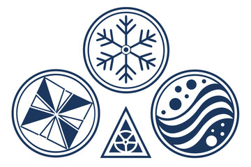 Geometric Icons Set Dark Blue Line Art Snowflake Waves