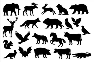 Naklejka premium Diverse collection of animal silhouettes including elephant, moose, bear, deer, fox, lion, eagle, pig, and cow