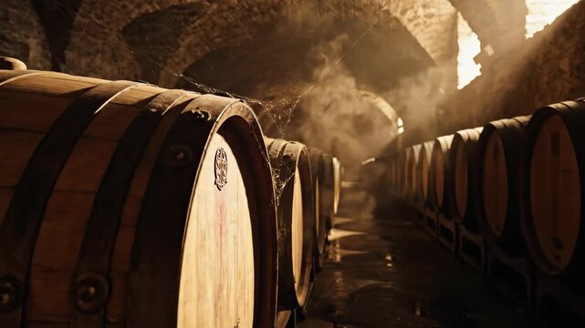 Wine barrels in a historic cellar.