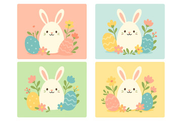 Cute Easter bunny character surrounded by decorative eggs and spring flowers in a pastel color palette