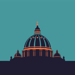 Stylized illustration of a large dome structure with intricate architectural details, set against a teal background.