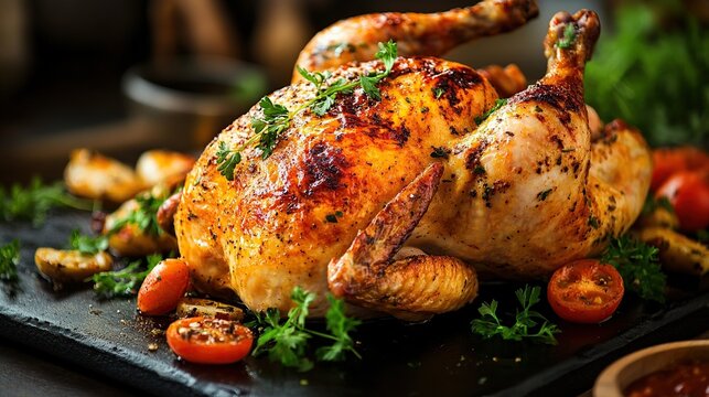 A beautifully roasted whole chicken is presented on a dark slate board, garnished with fresh herbs and accompanied by roasted cherry tomatoes and potatoes. - Powered by Adobe
