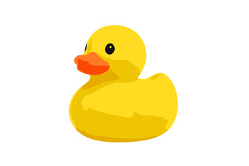 Fototapeta premium Classic yellow rubber duck bath toy with orange beak and black eyes isolated on white