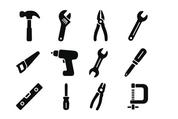 Obraz premium Black silhouette icons of hand tools and power equipment for repair and maintenance services