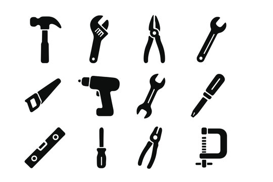 Black silhouette icons of hand tools and power equipment for repair and maintenance services