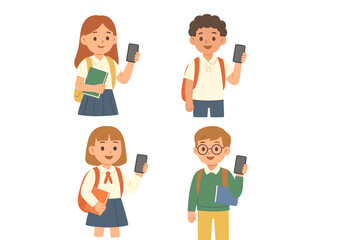Fototapeta premium Happy diverse students holding books and smartphones for school education and mobile learning