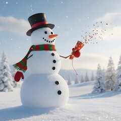 Obraz premium A cheerful snowman in a top hat and striped scarf stands in a snowy landscape