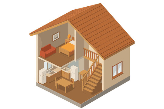 Isometric cross section of a two-story house showing interior layout and furniture placement