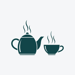 A teal-colored illustration featuring a teapot and a teacup, both emitting steam, suggesting a warm beverage.