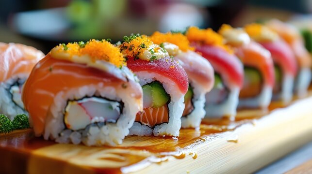 A beautifully arranged row of colorful sushi rolls sits on a wooden platter, garnished with tobiko and sesame seeds, showcasing fresh seafood and vibrant ingredients.