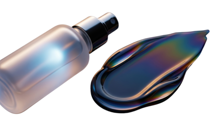 Frosted glass spray bottle glowing beside glossy texture smear