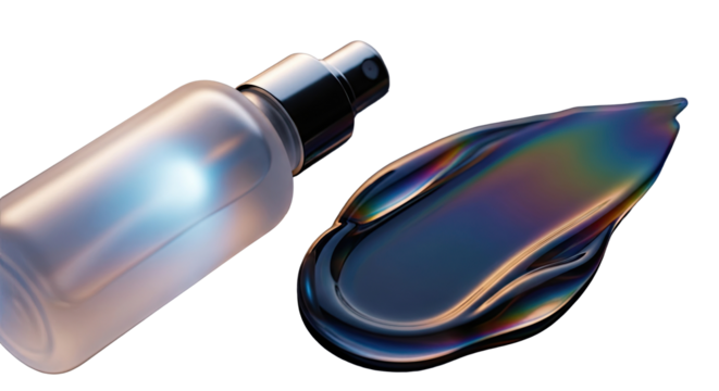 Frosted glass spray bottle glowing beside glossy texture smear