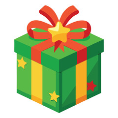 A vibrant green gift box adorned with a red ribbon and star isolated on